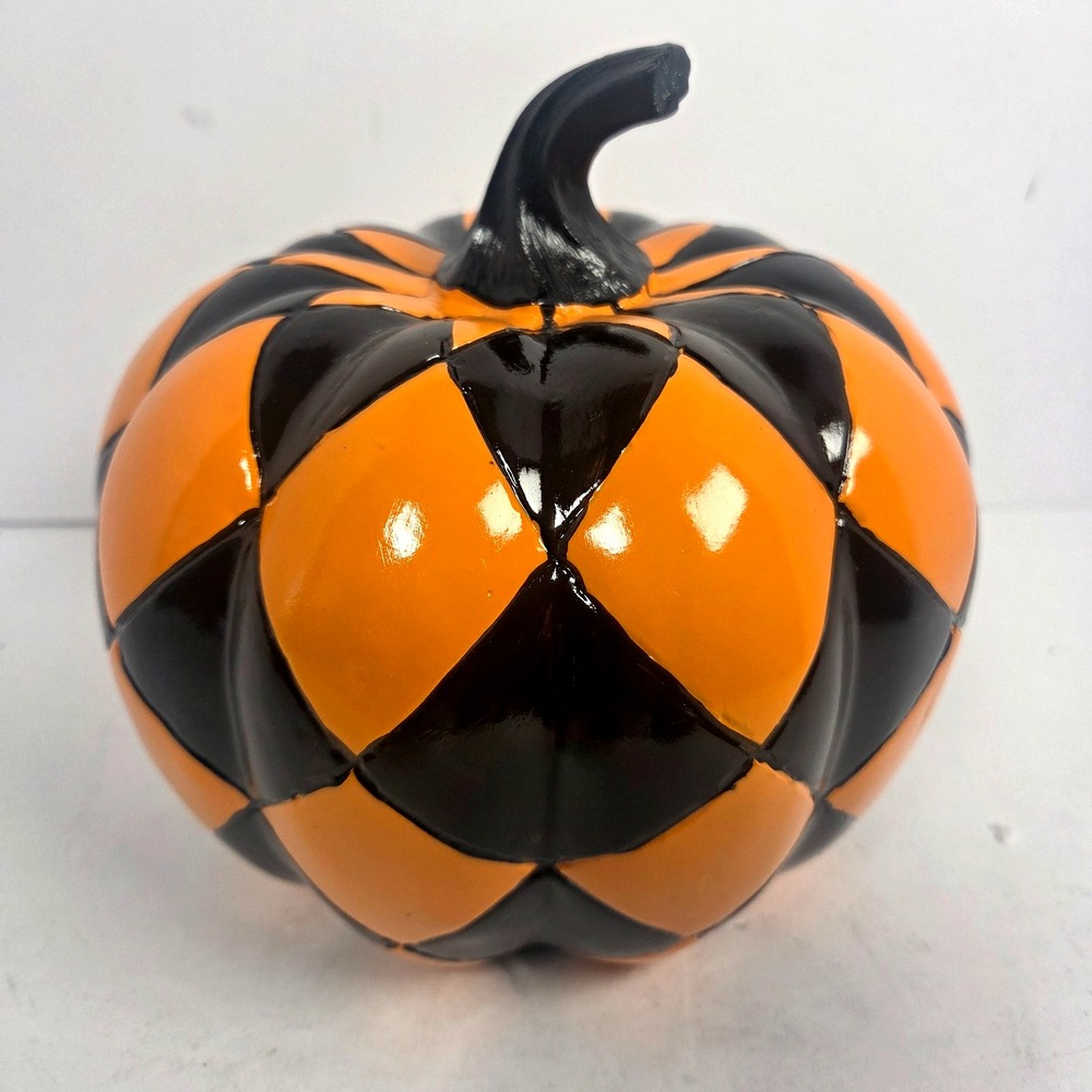 Harlequin Pumpkin Figurine Black Orange Checkered Halloween Fall Decor 8 In - Picture 3 of 5